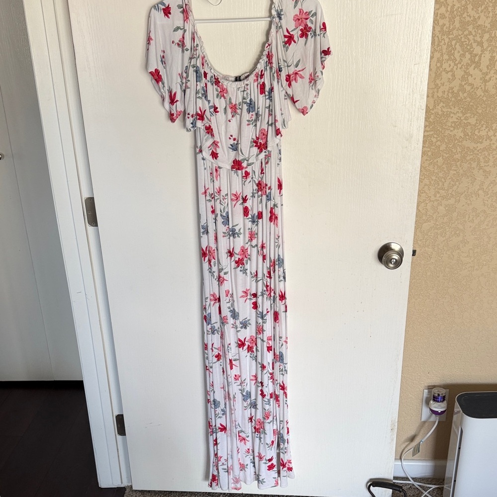 H&M White Maxi Dress with Red and Gray Floral Print